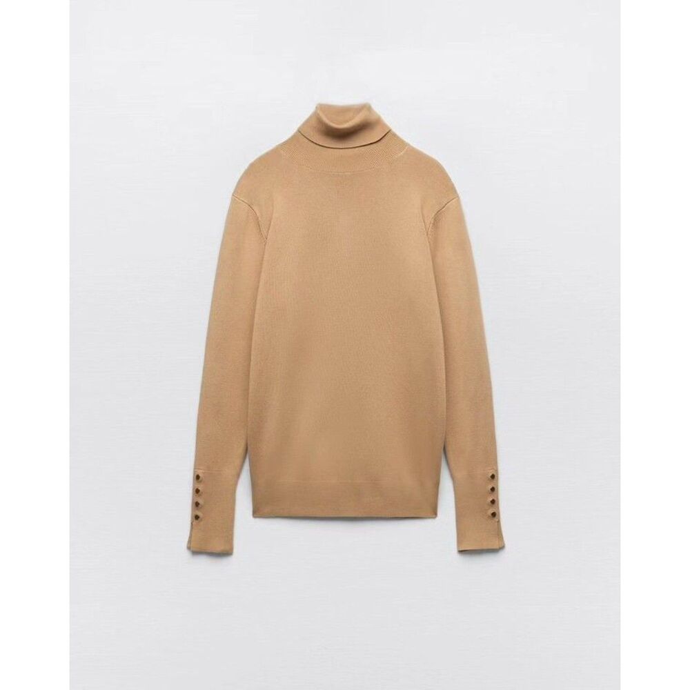 Tan Camel Zara Gold Button Trim Long Sleeve Knit Turtleneck Sweater (NWT)